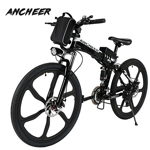 Elektrofahrräder : ANCHEER Elektrofahrrad Faltbares Mountainbike, 26 Zoll Reifen Elektrisches Fahrrad Ebike mit 250W bürstenlosem Motor und 36V 8Ah Lithium-Batterie Shimano 21 Gang (Mountain_schwarz 1)