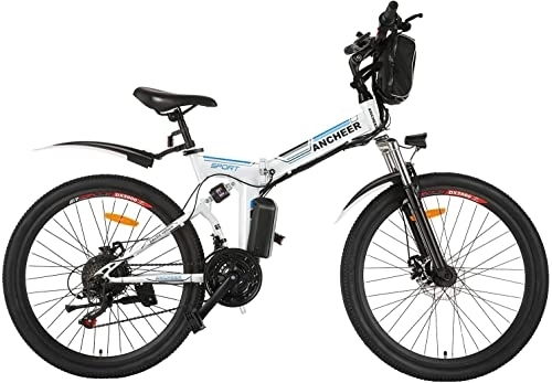 Elektrofahrräder : ANCHEER Unisex – Erwachsene AE3 E-Bike, Weiß-blau, 26 inches