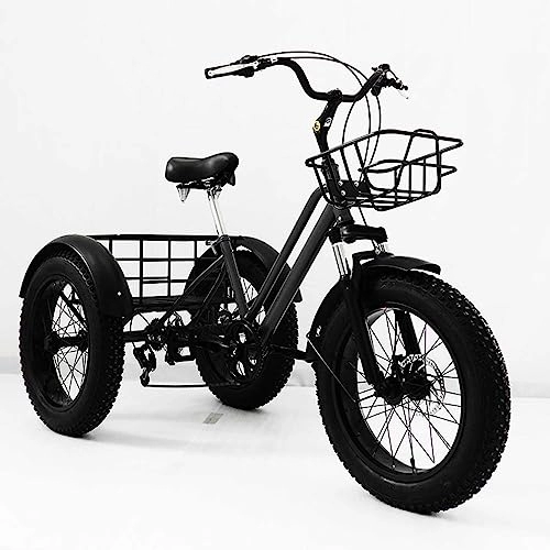 Elektrofahrräder : BJYX Dreirad für Erwachsene, 7 Gänge, Fat Tire Erwachsene Dreirad mit Korb vorne und hinten, Cruiser 3-Rad-Fahrrad für Damen / Herren / Sport