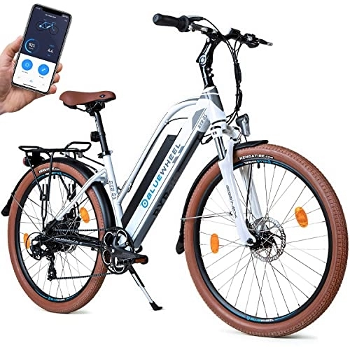 Elektrofahrräder : BLUEWHEEL 26" innovatives City E-Bike Deutsche Qualitätsmarke bis 150 km Reichweite & App EU konformes E bike + Nabenmotor Shimano 7 Gänge + 25 km / h, BXB85 Elektrofahrrad für Damen und Herren