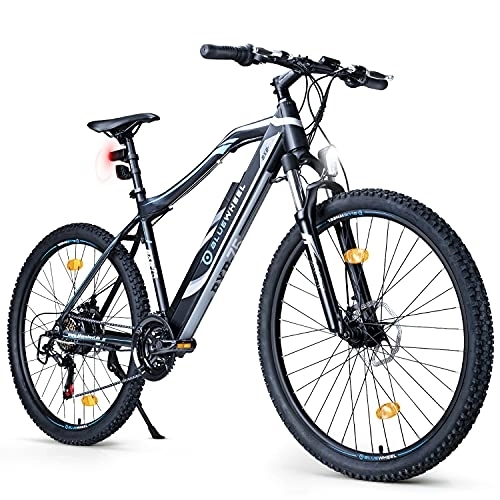 Elektrofahrräder : BLUEWHEEL E-Bike 27, 5“ & 29“ I Deutsche Qualitätsmarke | EU-konform E-Mountainbike 21 Gänge & Hinterradmotor für 25 km / h | Fahrrad mit MTB Federgabel, App, LED Licht & Sportsattel | BXB75 Ebike
