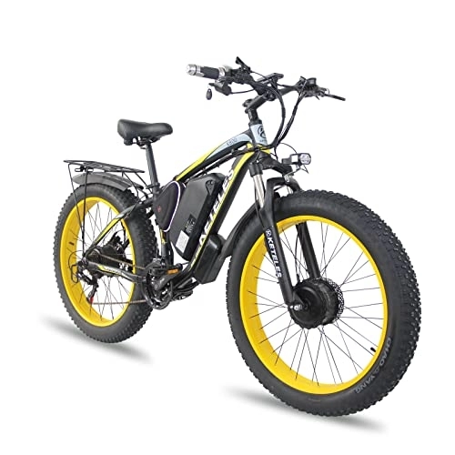 Elektrofahrräder : BYINGWD 26 Zoll E-Bike Mountainbike, Elektrofahrräder ebike, 26 Zoll E-Bike Mountainbike, mit Hinterradmotor+Vorderradmotor, Doppelmotor，Abnehmbare Lithium-Batterie， Shimano 21-Gang， (Color:Gelb)