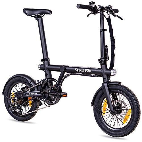Elektrofahrräder : CHRISSON 16 Zoll E-Bike Klapprad ERTOS 16 schwarz-matt - E-Faltrad mit Hinterrad Nabenmotor 250W, 36V, 30 Nm, Pedelec Faltrad mit Schutzblechen für Damen und Herren, praktisches Elektro Klapprad
