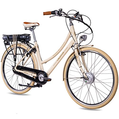 Elektrofahrräder : CHRISSON 28 Zoll E-Bike City Bike für Damen - EH1 beige mit 7 Gang Shimano Nexus Nabenschaltung - Pedelec Damen mit Bafang Vorderradmotor 250W, 36V, 45 Nm, Retro Elektrofahrrad Damen
