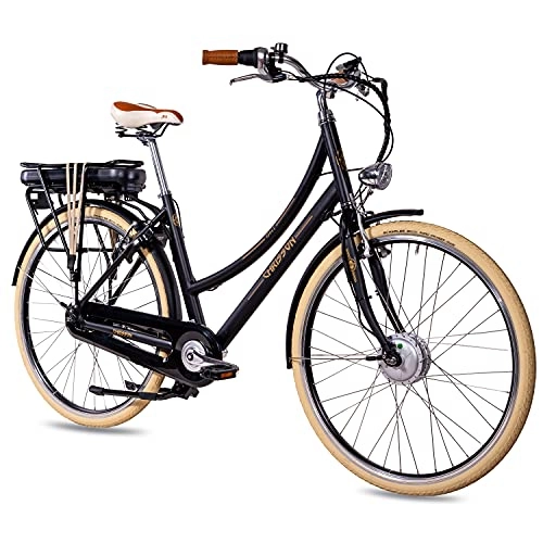 Elektrofahrräder : CHRISSON 28 Zoll E-Bike City Bike für Damen - EH1 schwarz mit 7 Gang Shimano Nexus Nabenschaltung - Pedelec Damen mit Ananda Vorderradmotor 250W, 36V, 40 Nm, Retro Elektrofahrrad Damen
