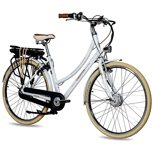 Elektrofahrräder : CHRISSON 28 Zoll E-Bike City Bike für Damen - EH1 weiß mit 7 Gang Shimano Nexus Nabenschaltung - Pedelec Damen mit Ananda Vorderradmotor 250W, 36V, 40 Nm, Retro Elektrofahrrad Damen