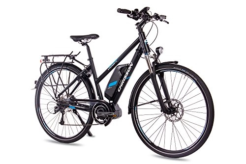 Elektrofahrräder : CHRISSON E-Bike 28 Zoll Trekkingrad City BikeDamenrad E-Rounder Lady mit 9G DEORE & Shimano Steps schwarz matt