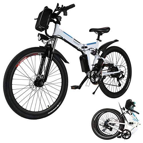 Elektrofahrräder : E-Bike Faltbares Elektrofahrrad Mountainbike 26 Zoll Elektrofahrrad 350W Elektrisches Fahrrad mit Shimano 21-Gang-gänge Abnehmbare 36V / 8Ah Batterie (Weiß)