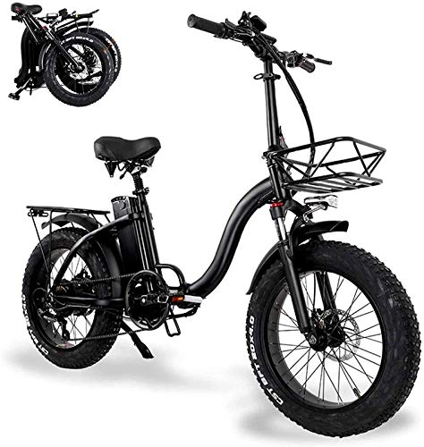 Elektrofahrräder : Electric Snow Bike, Faltende elektrische Fahrräder für Erwachsene mit 48V 15AH Große Kapazität Lithium-Ion-Batterie 20 in Fettreifen Elektrische Fahrrad mit Autor Basket Mini Kleiner Aluminiumlegierun