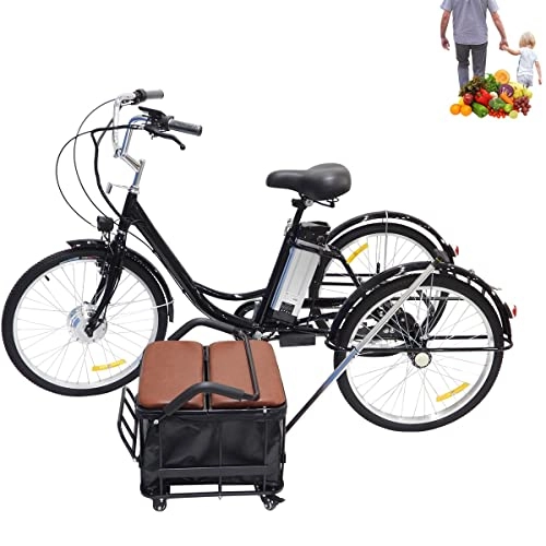 Elektrofahrräder : Elektro-Dreirad 24" Erwachsenen-Dreirad Hybrid 3-Rad-Fahrzeug Lithium-Batterie LED-Beleuchtung, mit Rücksitz für Kinder + vergrößertem Korb kann alleine (mit Rädern und Spurstangen)(Black, 24'')