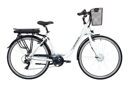 Elektrofahrräder : F.lli Schiano E-Moon 28 Zoll E-Bike, City Elektrofahrrad für Damen Herren, Pedelec mit 250W Motor und Shimano 7-Gang-Getriebe in Weiss mit Korb