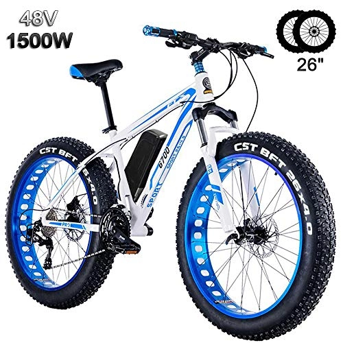 Elektrofahrräder : Fettreifen Fahrrad 26 Zoll Elektro Fahrrad 1500 Watt 48 V Schnee e-Bike 27 Geschwindigkeiten Llithium Batterie Hydraulische Scheibenbremsen Mountain E-Bike für Erwachsene Blue