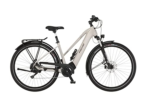 Elektrofahrräder : Fischer E-Bike Trekking VIATOR 7.0i Elektrofahrrad für Damen und Herren, RH 45 cm, Mittelmotor 70 Nm, 36 V Akku, zementgreige matt, 45cm-630Wh