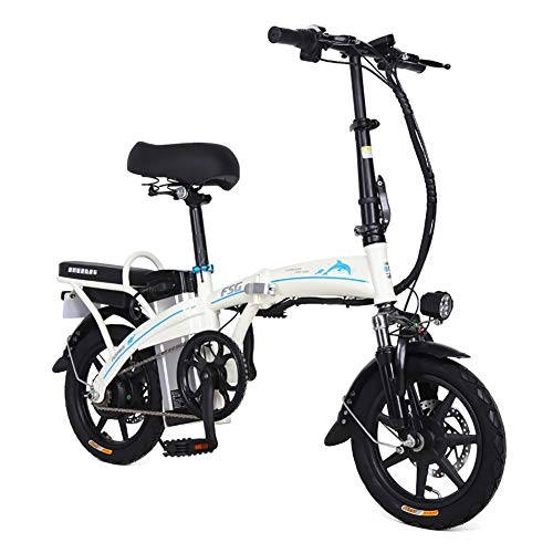Elektrofahrräder : FJW Elektrisches Fahrrad 48 V 250 W Ebike 14 Zoll Kohlenstoffreicher Stahl Hybrid Faltrad mit Scheibenbremsen und Federgabel (herausnehmbare Lithiumbatterie), White, 48V15A