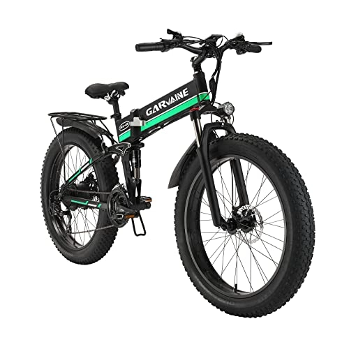 Elektrofahrräder : GAVARINE Fat Tire Elektrofahrrad, faltbares Mountainbike mit Federgabel und Vollfederung, mit Abnehmbarer 48-V-12, 8-AH-Lithiumbatterie und 3, 5-Zoll-LCD-Bildschirm (Grün)