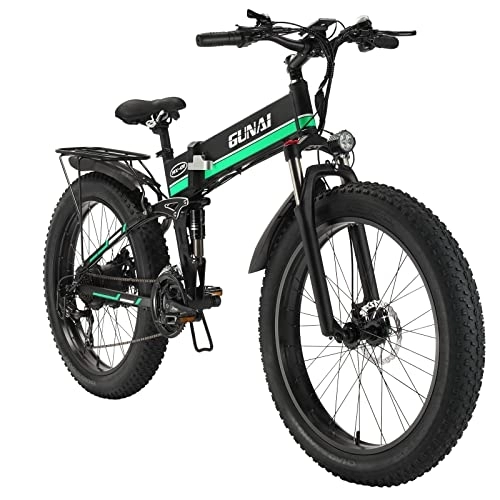 Elektrofahrräder : GAVARINE Fat Tire Elektrofahrrad, faltbares Mountainbike mit Federgabel und Vollfederung, mit Abnehmbarer 48-V-12, 8-AH-Lithiumbatterie und 3, 5-Zoll-LCD-Bildschirm (Grün)