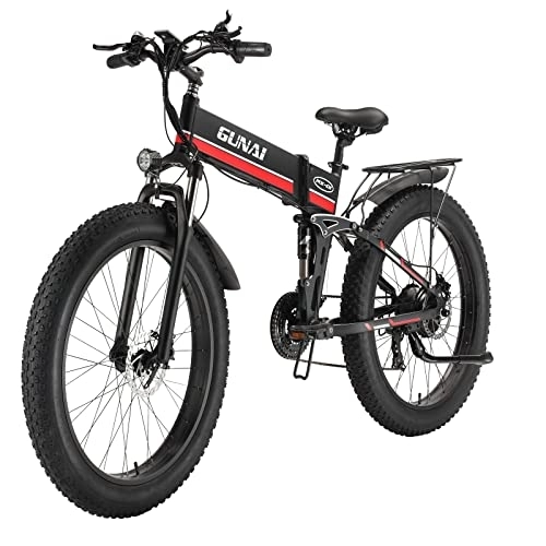 Elektrofahrräder : GAVARINE Fat Tire Elektrofahrrad, faltbares Mountainbike mit Federgabel und Vollfederung, mit Abnehmbarer 48-V-12, 8-AH-Lithiumbatterie und 3, 5-Zoll-LCD-Bildschirm (Rot)