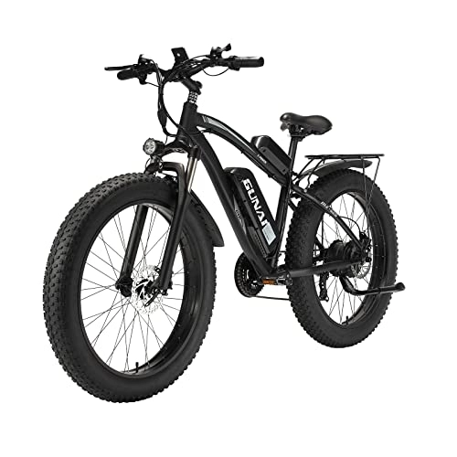 Elektrofahrräder : GUNAI 26 Zoll Fat Tire Elektrofahrrad 48V 17AH Beach Cruiser Pedal Assist Mountain E-Bike mit Rücksitz (Schwarz)