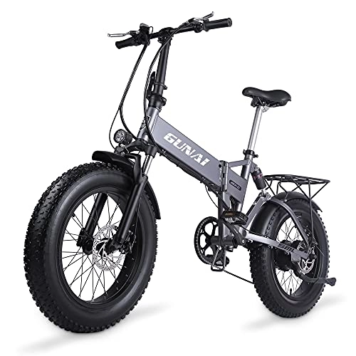 Elektrofahrräder : GUNAI Elektrisches Snowbike 20 Zoll faltbares Mountainbike mit Scheibenbremse und 48V 12, 8Ah Lithiumbatterie (Silber)