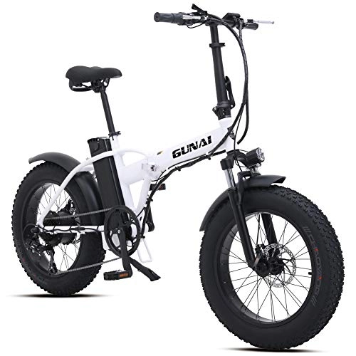 Elektrofahrräder : GUNAI Faltbare Elektrofahrrad 500 Watt 20 Zoll Fett Reifen Rennrad mit Scheibenbremsen 7 Geschwindigkeit und 48V 15AH Lithium Batterie (Weiß)