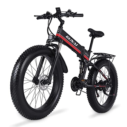 Elektrofahrräder : GUNAI Fettreifen Fahrrad 26 Zoll Elektro Fahrrad 48 V Schnee e-Bike 7 Geschwindigkeiten Llithium Batterie Hydraulische Scheibenbremsen Mountain E-Bike für Erwachsene mit Rücksitz