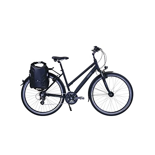Elektrofahrräder : HAWK Trekking Lady Premium Plus Fahrrad Damen inkl. Tasche, 48 cm I Bike mit Microshift 24 Gang Kettenschaltung & Beleuchtung I Allrounder I Schwarz