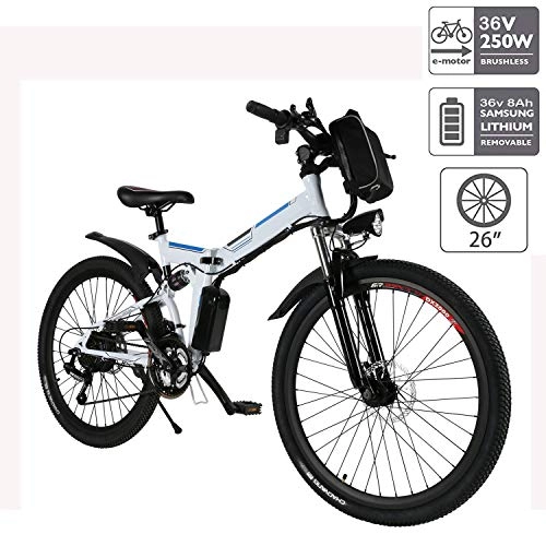 Elektrofahrräder : Hiriyt E-Bike Mountainbike, 250W, 36V, Rücken 7-Gang Getriebesystem Faltrad Fahrrad, Große Kapazität Pedelec mit Lithium-Akku und Ladegerät (Weiß, 26")