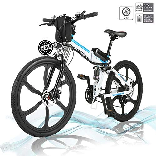 Elektrofahrräder : Hiriyt Faltbares E-Bike, 36V 250W Elektrofahrräder, 12.8A Lithium Batterie Mountainbike, 26 Zoll Große Kapazität Pedelec mit Lithium-Akku und Ladegerät (Weiß Blau)