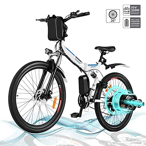 Elektrofahrräder : Hiriyt Faltbares E-Bike, 36V 250W Elektrofahrräder, 8A Lithium Batterie Mountainbike, 26 Zoll Große Kapazität Pedelec mit Lithium-Akku und Ladegerät (Faltbar_Weiß.)