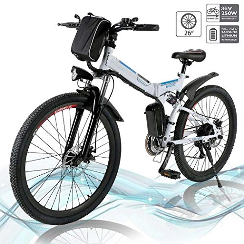 Elektrofahrräder : Hiriyt Faltbares E-Bike, 36V 250W Elektrofahrräder, 8A Lithium Batterie Mountainbike, 26 Zoll Große Kapazität Pedelec mit Lithium-Akku und Ladegerät (Faltbar_Weiß)