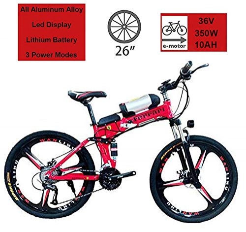 Elektrofahrräder : HSART 26" Elektrofahrräder für Erwachsene, 350W Aluminiumlegierung Mountain E-Fahrrad mit 36V 10AH Lithium-Ionen-Akku 21 Geschwindigkeit Faltbares Citybike (Rot)