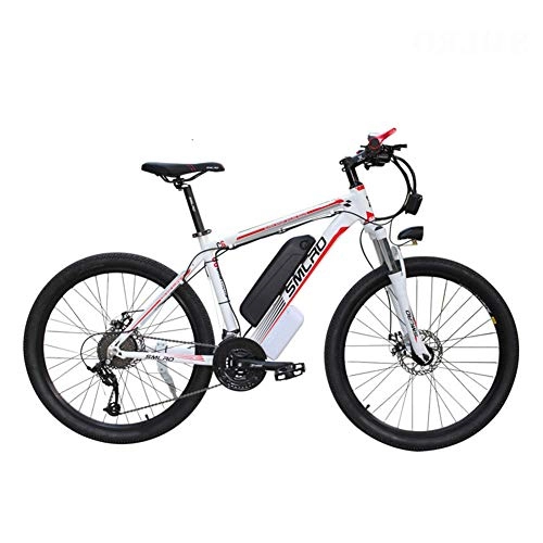 Elektrofahrräder : HSART Elektrisches Mountainbike E-Fahrrad 350W 48V Herausnehmbarer Lithium-Ionen Akku, Integrierter LED-Scheinwerfer und Hupe DREI Arbeitsmodi 21-Gang Getriebe (Weiß)