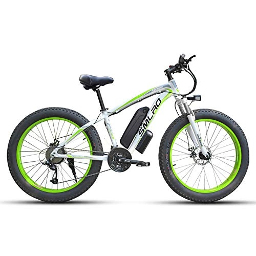 Elektrofahrräder : JUYUN Mountainbike 350W Elektrofahrrad, 26 Zoll Fettreifen Elektrische Schneefahrrad mit 21-Gang Getriebesystem und 48V 15Ah Lithium-Akku, Scheibenbremsen, White Green