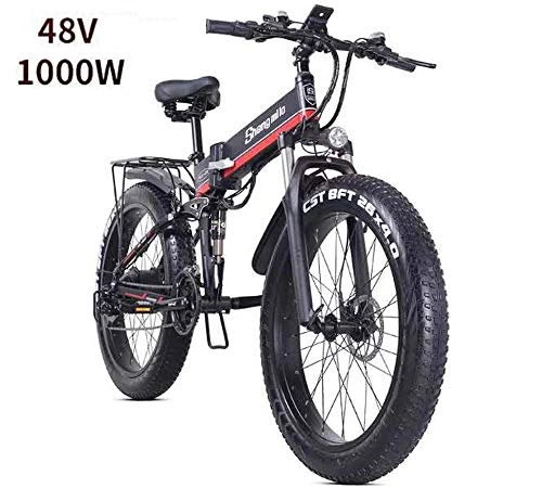 Elektrofahrräder : KER 4.0 Fat Tire Elektrisches Fahrrad Folding E-Bike E-Bike ATV Snowmobile Mountainbike 48V / 1000W / 21speed Federstoßdämpfung Licht Aluminiumkörper Vorne Und Hinten Scheibenbremsen Black
