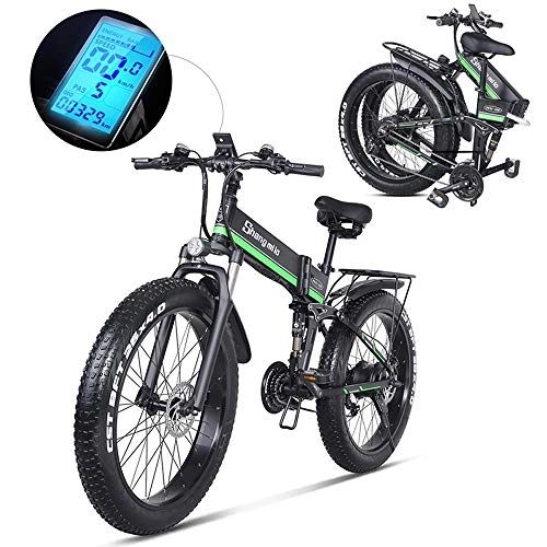 Elektrofahrräder : KER Fettreifen Elektrofahrrad Mountainbike 26" E-Bike mit 48V / 1000W Lithium-Batterie und Shimano 21-Gang Vollfederung hydraulische Scheibenbremse Elektrisches Fahrrad Black+Green