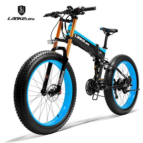 Elektrofahrräder : LANKELEISI 750PLUS 48V14.5AH 1000W EngineAll-Powerful Leistungsfähiges elektrisches Fahrrad 26 '' 4.0 Großhandelsreifen Ebike 27 Geschwindigkeits-Schnee MTB (blau)