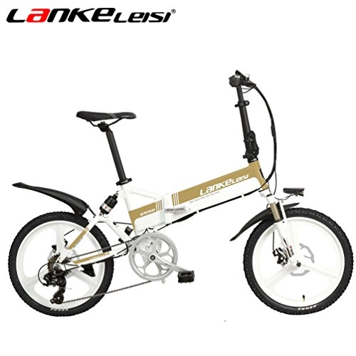Elektrofahrräder : LANKELEISI G550 20 Inch Folding Electric Bicycle Scooter 48V 240W Hidden Lithium Battery Shimano Transmission System 7 Speed Small Assist E-Bike for Men Women (10AH Gold)