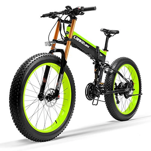 Elektrofahrräder : LANKELEISI T750Plus Neues elektrisches Mountainbike, 5-Stufen-Pedal-Assist-Sensor, Snow Bike, 48V 14.5Ah Li-Ion-Akku, Upgraded zu Downhill-Gabel (Schwarz Grün, 1000W 14.5Ah + 1 Ersatzbatterie)