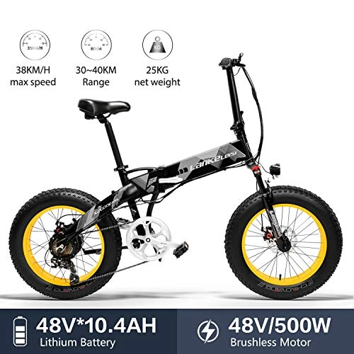 Elektrofahrräder : LANKELEISI X2000 20 x 4, 0 Zoll große Reifen 48 V 500 W 10, 4 Ah Fat Tire Rahmen aus Aluminium-Legierung, faltbar, für Erwachsene, Damen / Herren, für Berge / Strand / Schnee E-Bike, gelb
