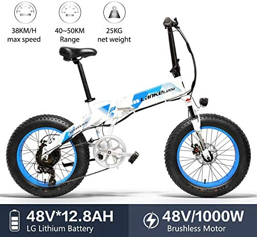 Elektrofahrräder : Lankeleisi X2000 20 Zoll Fat Bike E-Bike klappbar 7 Gänge Snow Bike 48 V 12, 8 Ah 1000 W Motor aus Aluminiumlegierung Rahmen 5 nicht MTB (blau)