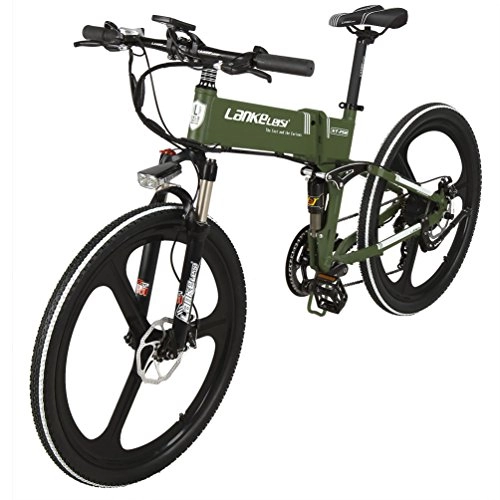Elektrofahrräder : LANKELEISI XT750 - 26-Zoll-Klapp-Ebike 48V Full Suspension 7-Gang-Lithium-E-Bike Mountain - Elektro-Fahrradmotor 240 Watt (Armeegrn)