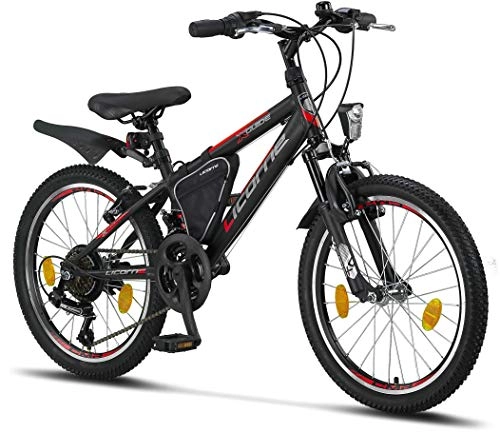 Elektrofahrräder : Licorne Bike Guide Premium Mountainbike in 20 Zoll - Fahrrad für Mädchen, Jungen, Herren und Damen - 18 Gang-Schaltung - Schwarz / Rot / Grau