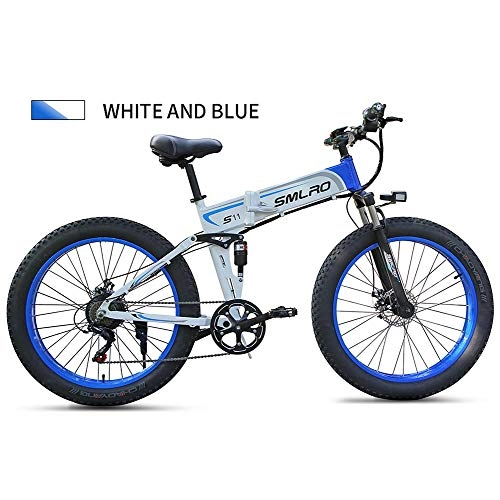 Elektrofahrräder : LOO LA Fettreifen Elektrofahrrad Mountainbike 26" E-Bike Fahrrad Falträder mit 350W 48V 8AH Lithium-Batterie und 7-Gang Mechanical disc Brakes, Blau