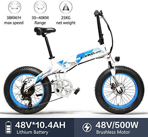 Elektrofahrräder : Nonbrand LANKELEISI X200020-Zoll Fatbike Falt-E-Bike 7-Gang-Snowbike 48V 10, 4ah 500W Motor Aluminiumlegierung Rahmen 5 PAS Mountainbike (Blau)