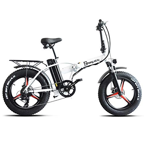 Elektrofahrräder : ONLYU Elektro-Fahrrad, Folding E-Bike Motorschlitten 20 Zoll Elektro Strand Fahrzeug 48V15AH Lithium-Batterie 4.0 Reifen Mountain Bike Für Mann-Frauen, Weiß