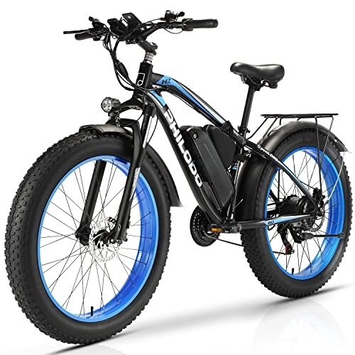 Elektrofahrräder : PHILODO Elektrofahrrad für Erwachsene, 26-Zoll-Elektrofahrrad mit fetten Reifen 48V 13Ah herausnehmbarer Akku E-Bike Shimano 21-Gang-Elektro-Mountainbike für Trailreiten / Pendeln