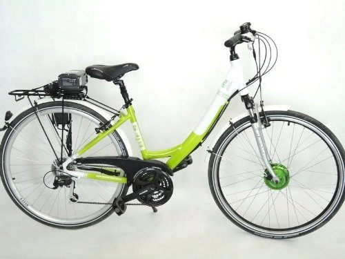 Elektrofahrräder : Power Bike PB Elektrofahrrad City Lady mit Frontmotor, 36V / 10, 4Ah Gepäckträgerakku, grün / Weiss