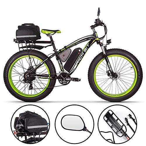 Elektrofahrräder : Rich BIT Elektrische Fahrrad Herren E-Bike Fat Snow Bike 1000W-48V-17Ah Li-Batterie 26 * 4.0 Mountainbike MTB Shimano 21-Gang-Scheibenbremsen Intelligentes elektrisches Fahrrad (Green Plus)