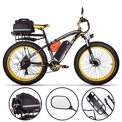 Elektrofahrräder : Rich BIT Elektrische Fahrrad Herren E-Bike Fat Snow Bike 1000W-48V-17Ah Li-Batterie 26 * 4.0 Mountainbike MTB Shimano 21-Gang-Scheibenbremsen Intelligentes elektrisches Fahrrad (Yellow Plus)