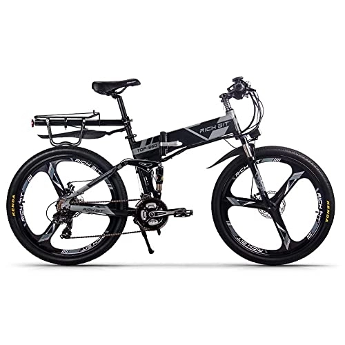Elektrofahrräder : RICH BIT RT-860 Faltbares Elektrofahrrad 26", E-Bike mit austauschbarem 12, 8-Ah-Akku, 21 Geschwindigkeiten, Vollfederung (grau)